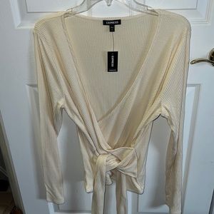 Express Ribbed Faux Wrap Tie Waist long sleeve top